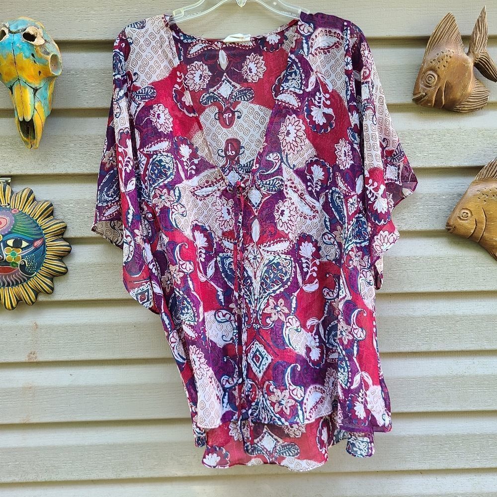 Urban Behavior Boho Sheer Tie Neck Kimono Sleeve Peasant Blouse Burgandy Floral